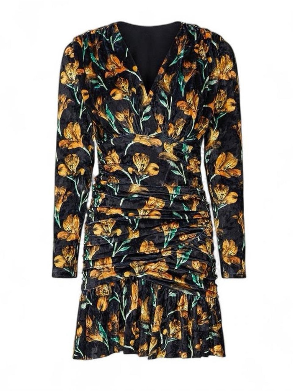 Delfi Collective Black Floral Velvet Ruched Long Sleeve Mini Dress